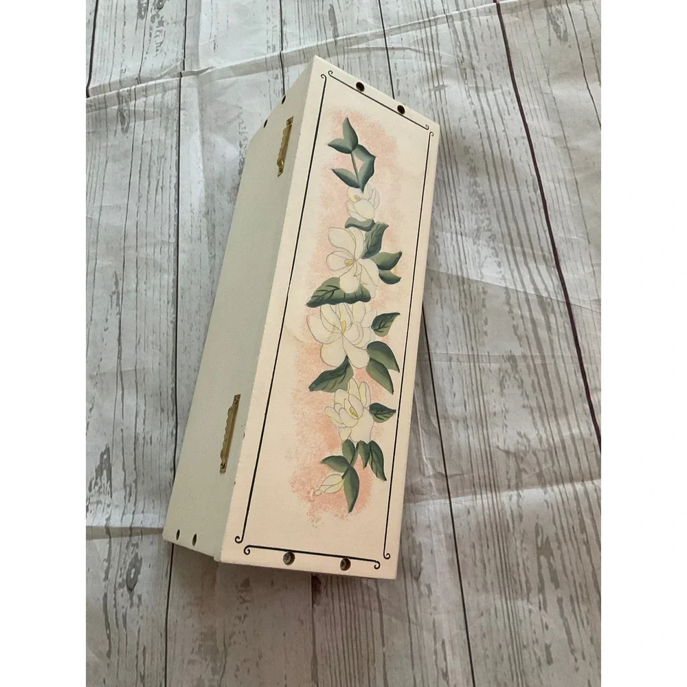 Vintage Hand Painted Wood Wall Shelf Magnolia Floral 4 Pegs Cream Cottagecore